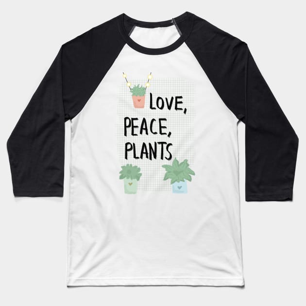 Love, peace, plants Baseball T-Shirt by artoftilly